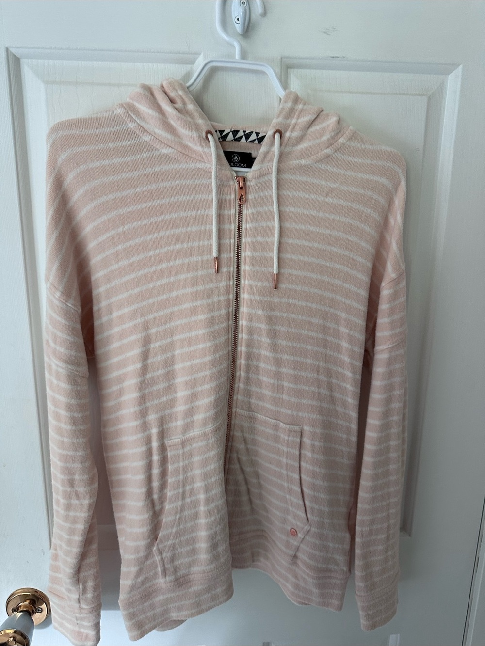Volcom Blush Pink and White Striped Zip Hoodie